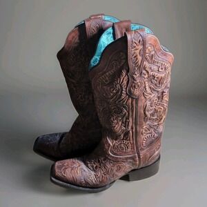 Corral Brown Boot Tooled Leather Made In Mexico Size‎ 6m  Handcrafted